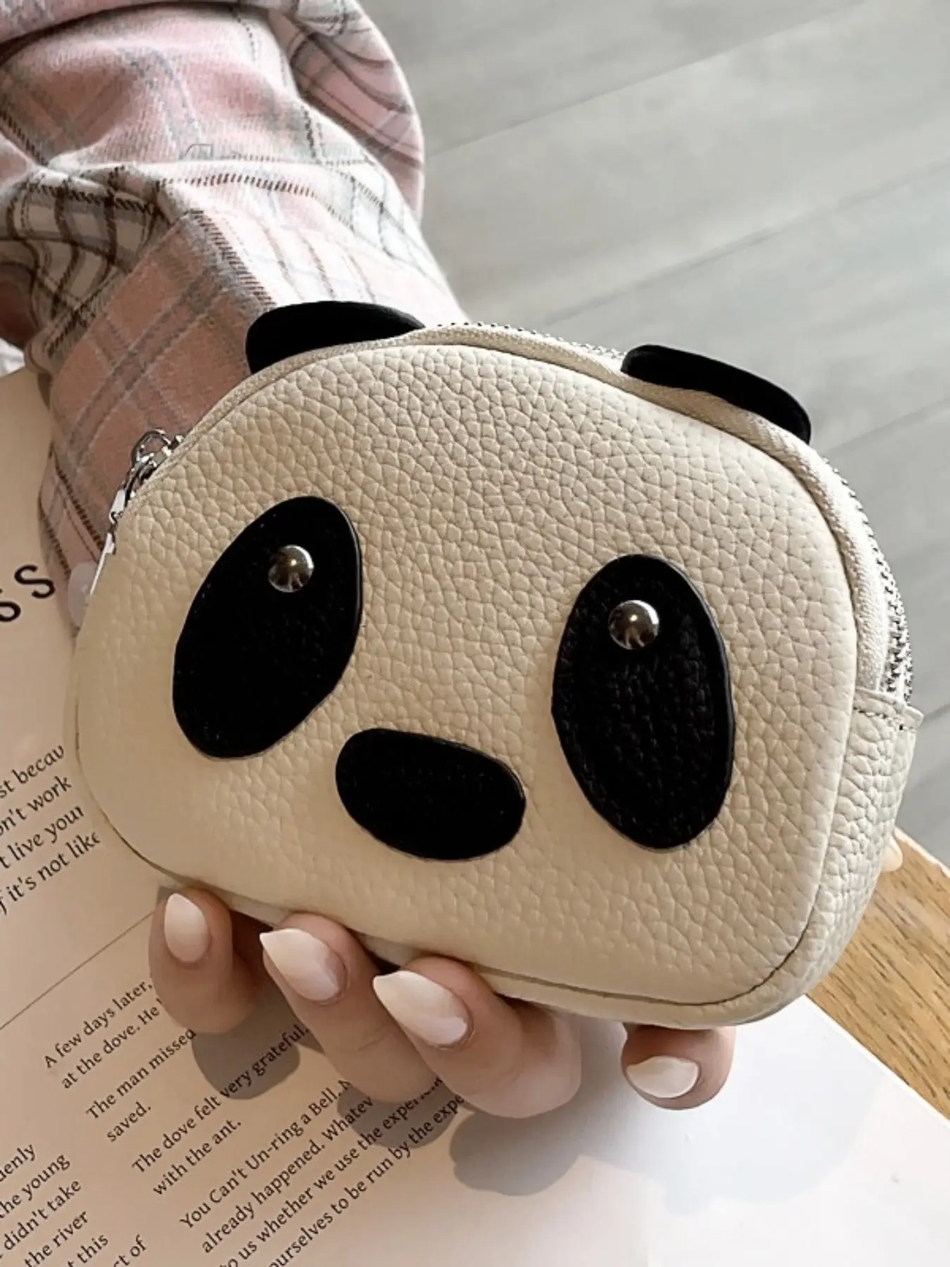 Cute Genuine Leather Zipper Coin Purse Panda Shape Top Layer Cowhide Dual Zipper Hard Coin Bag Women's Wallet Zipper Wallet Design Cowhide Purses Double Zipper Purse Zippered Coin Pouch