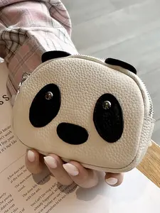 Cute Genuine Leather Zipper Coin Purse Panda Shape Top Layer Cowhide Dual Zipper Hard Coin Bag Women's Wallet Cowhide Purses