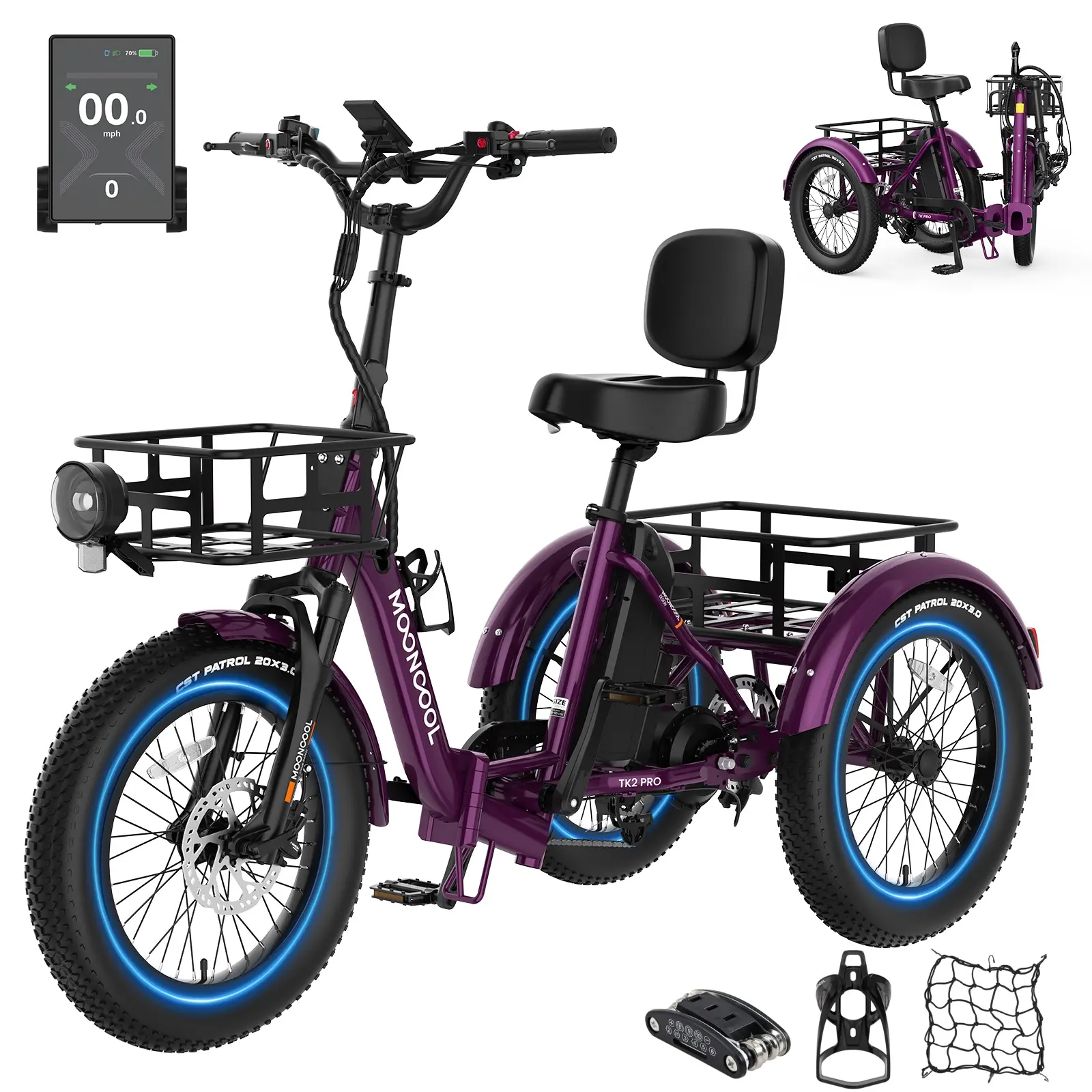 MOONCOOL TK2 Pro Folding Electric Trike 750W,20" Fat Tire 3-Wheel E-Bike, 48V 20Ah Battery, Aluminum Frame with Reverse & Removable Battery