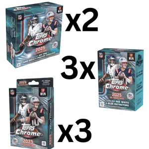 1250 NFL FOOTBALL: 2025 TOPPS CHROME FOOTBALL MEGA BOXES (2) + BLASTER BOXES (3) + HANGER BOXES (3)  - CHASE AUTOGRAPHS / RELICS / NUMBERS / X-FRACTORS
