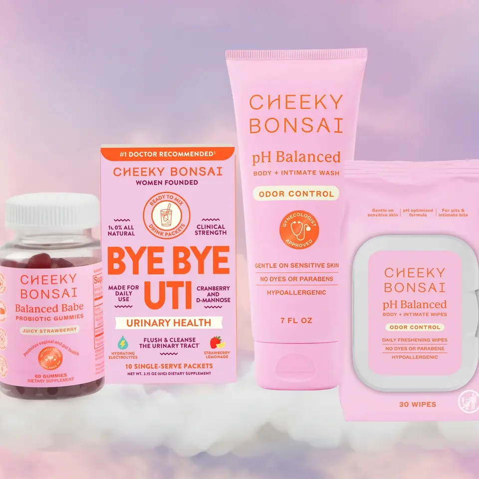 Cheeky Bonsai Intimate Care Complete Bundle with Probiotic Gummies, Urinary Health Drink Mix, pH Balanced Wash & Wipes for Feminine Health