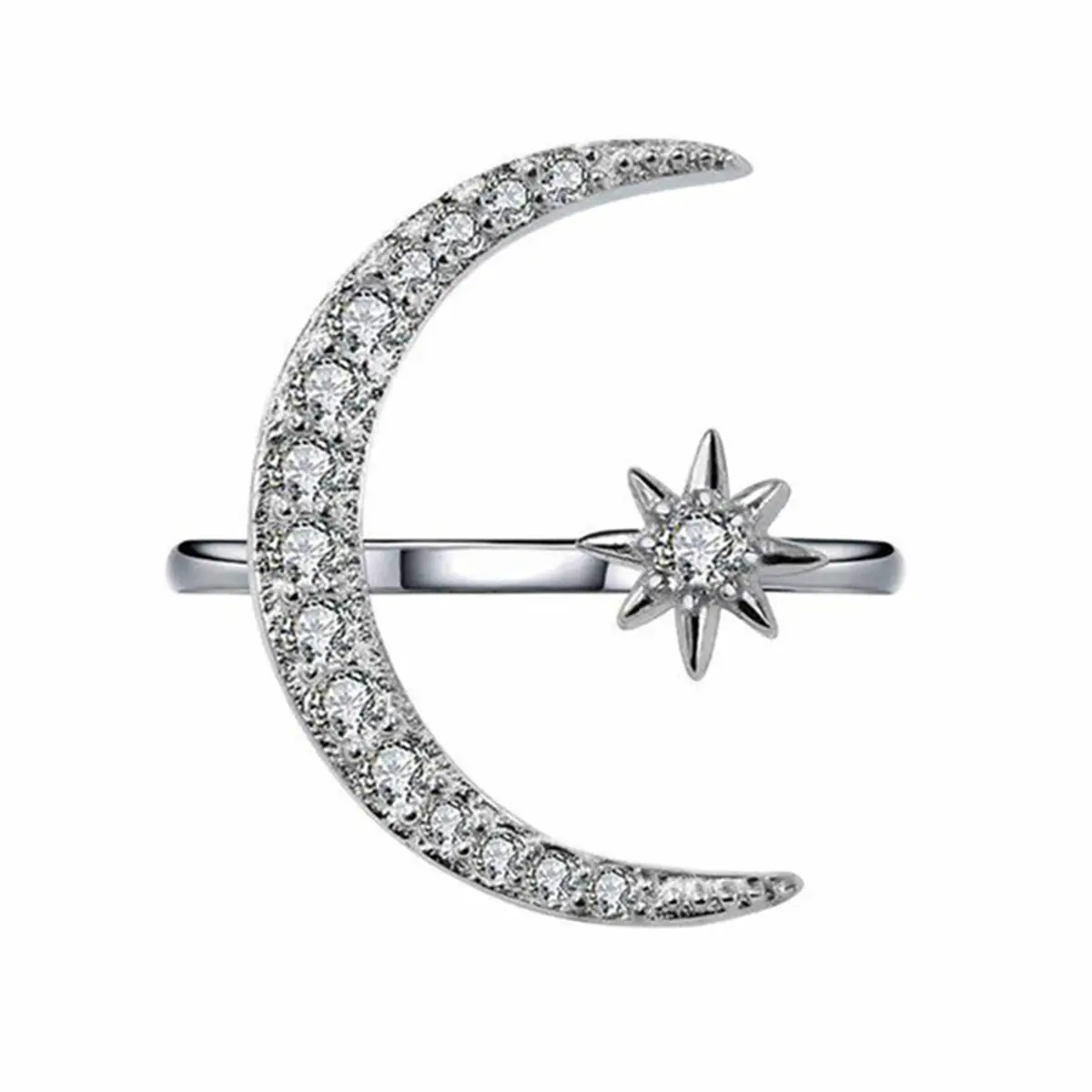 Moon and Star Ring, Adjustable Cubic Zirconia Ring, Valentine's Day Engagement Gift, Women's Jewelry Gift, Stackable Crescent Moon Celestial Ring