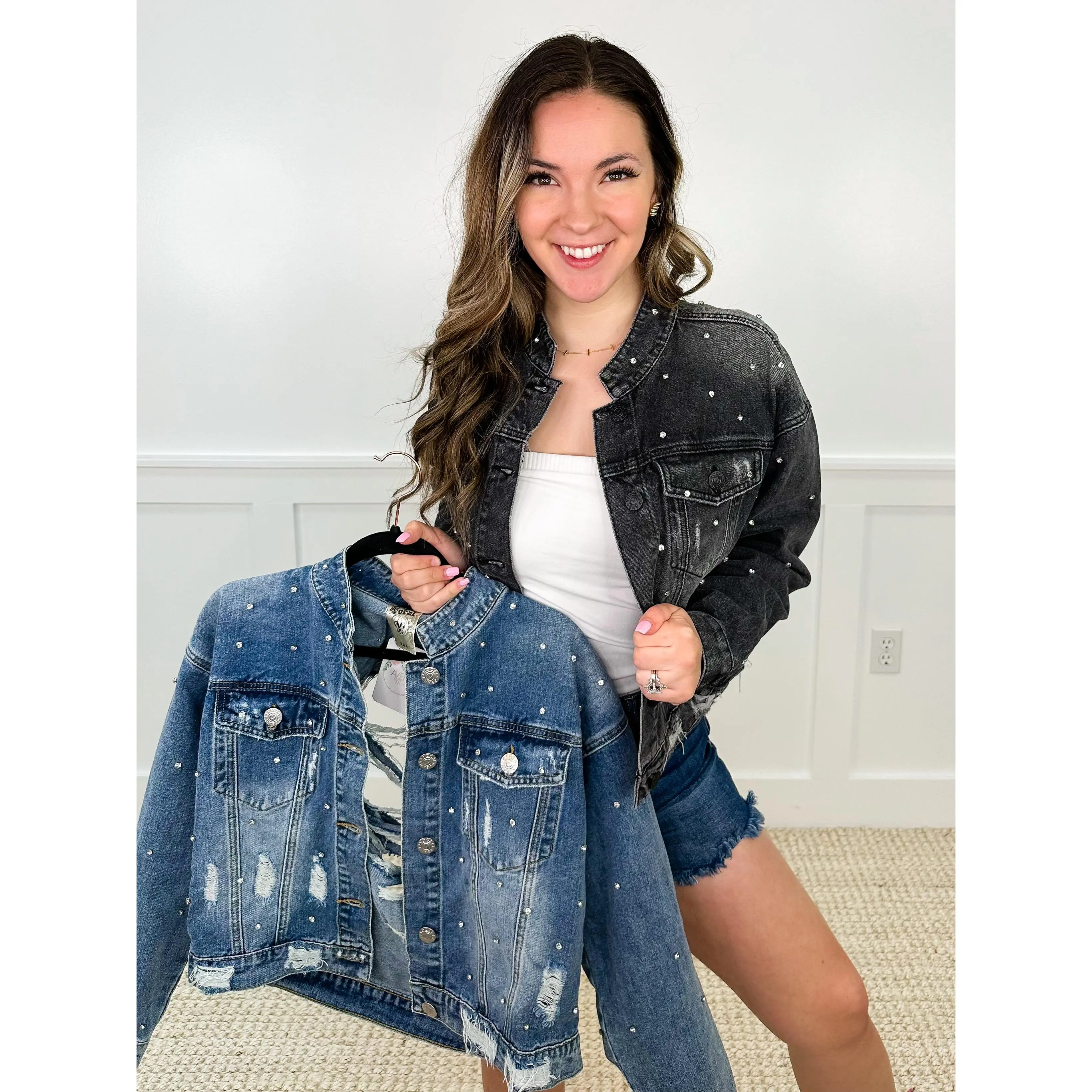 Distressed Denim Jacket for Women with Rhinestone Accents - Casual Long Sleeve Cotton Blend Statement Coat, Coats, Top, Fabric, Fit, Rhinestones, True-To-Size, Button-Up, Edgy Chic, Multi-Size, Sparkling Rhinestone Accents