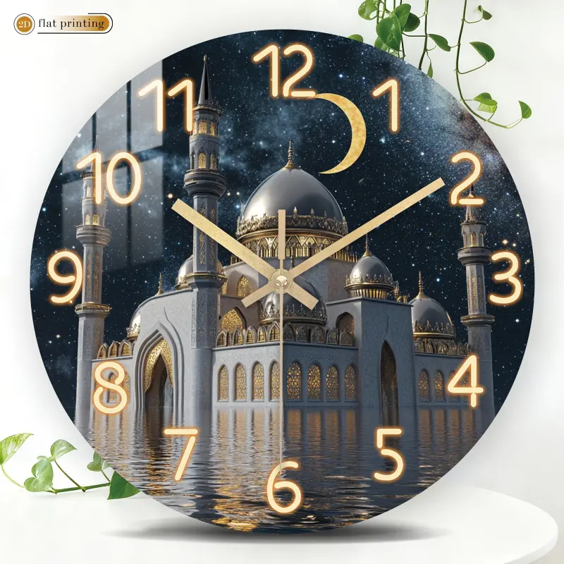 Islamic Mosque Starry Sky Pattern Acrylic Wall Clock - Decorative Clock, 2D Flat Print Silent Sweep Movement, Suitable for Decorating Restaurants, Kitchens, and Cafes, Halloween and Christmas Decoration, Ideal Housewarming Gift (AA batteries not included)
