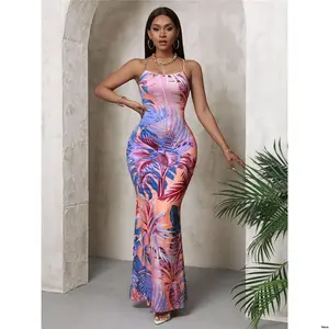 For Perfect Print Sleeveless Elegant Slaydiva Casual Women Bodycon Spaghetti Strap Dress With Plant Vacation
