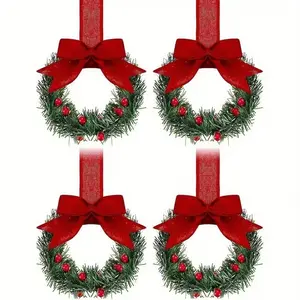 4pcs Christmas Mini Wreath Cabinet Window Hangings, Festive Holiday Décor with Bow & Fruits, Perfect for Party & Home Settings