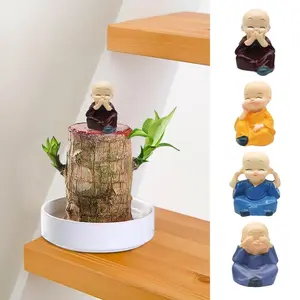 4Pcs Mini Brazil Lucky Wood Decor, Brazilian Wood Plant Monk Doll Decor, Portable Resin Omament Potted, for Home Office Desk Car Decor
