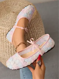 Women's Floral Mesh Mary Jane Flats, Bow Detail Slip-On Shoes for Spring