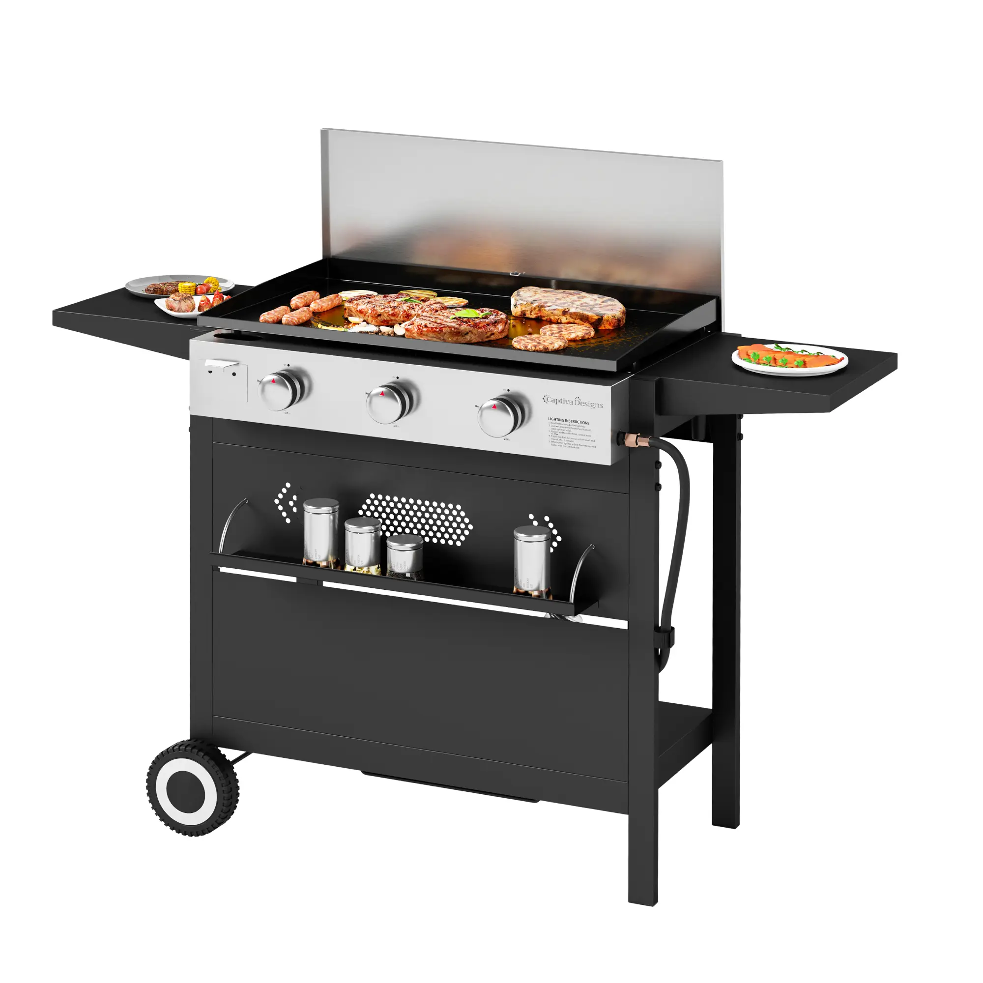 Captiva Designs 27 Inch Flat Top Grill with Ceramic Coated Cast Iron Pan, 3-Burner Propane Gas, Nonstick Design, Stainless Steel Barbecue Home Food Kitchenware