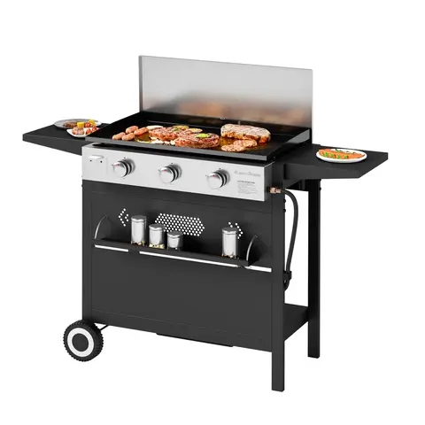Captiva Designs 27 Inch Flat Top Grill with Ceramic Coated Cast Iron Pan, 3-Burner Propane Gas, Nonstick Design, Stainless Steel Barbecue Home Food Kitchenware