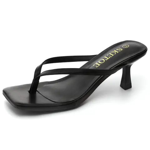 Black Kitten Heels for Women - Square Toe Flip Flop Thong Heels, 2 Inch Low Heels, Soft Vegan Leather, Memory Foam Padding, Trendy 2026 SummerVibes Cute Comfy Beach Heels for Casual, Commuter,  Wedding & Dressy Occasions,Slides a Kitten Heel Long Feet.