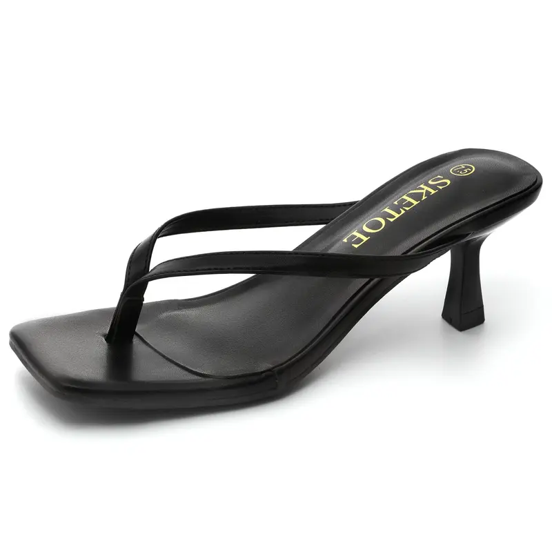 Black Kitten Heels for Women - Square Toe Flip Flop Thong Heels, 2 Inch Low Heels, Soft Vegan Leather, Memory Foam Padding, Trendy 2026 SummerVibes Cute Comfy Beach Heels for Casual, Commuter,  Wedding & Dressy Occasions,Slides a Kitten Heel Long Feet.