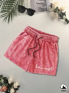 Women's Casual Everyday Loose-Fit Wide Leg Shorts, Heart Letter Print, High Waist Adjustable Drawstring, Cotton Blend Fabric, Fall & Winter Fashion