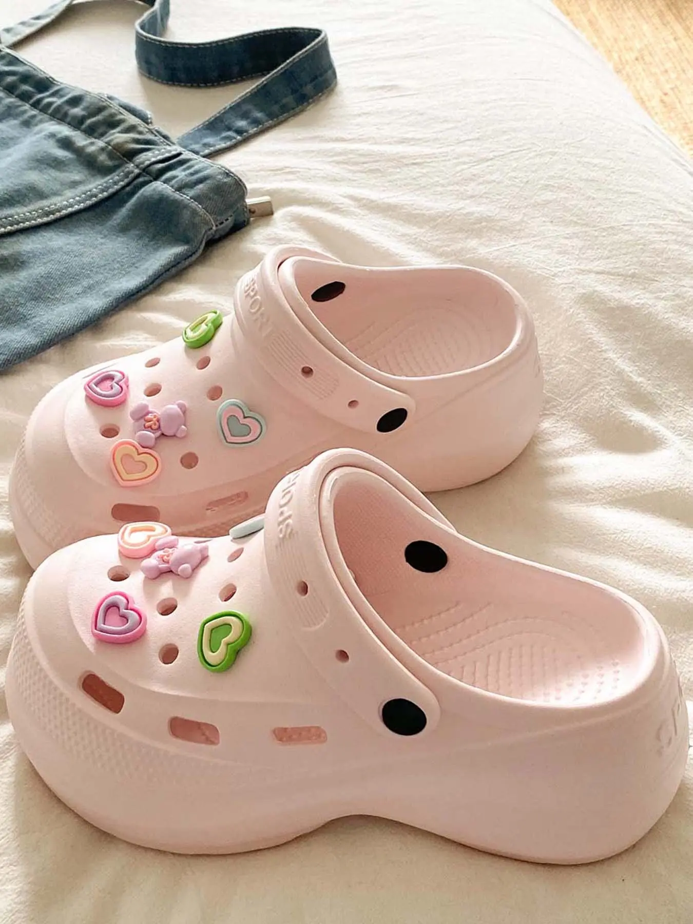 Cute Macaron Heart & Bear Platform Clogs - Soft & Comfy, Height Boost, DIY Charms, Sweet Summer Shoes, Trendy Casual Slippers, Fashion Slippers, Soft Slippers, Thick Soled Slippers, Slipper, Footwear, Women!