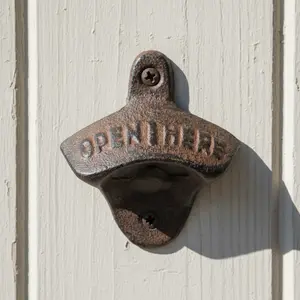 Open Here Wall Mount Bottle Opener, Cast Iron Rustic Bar Tool