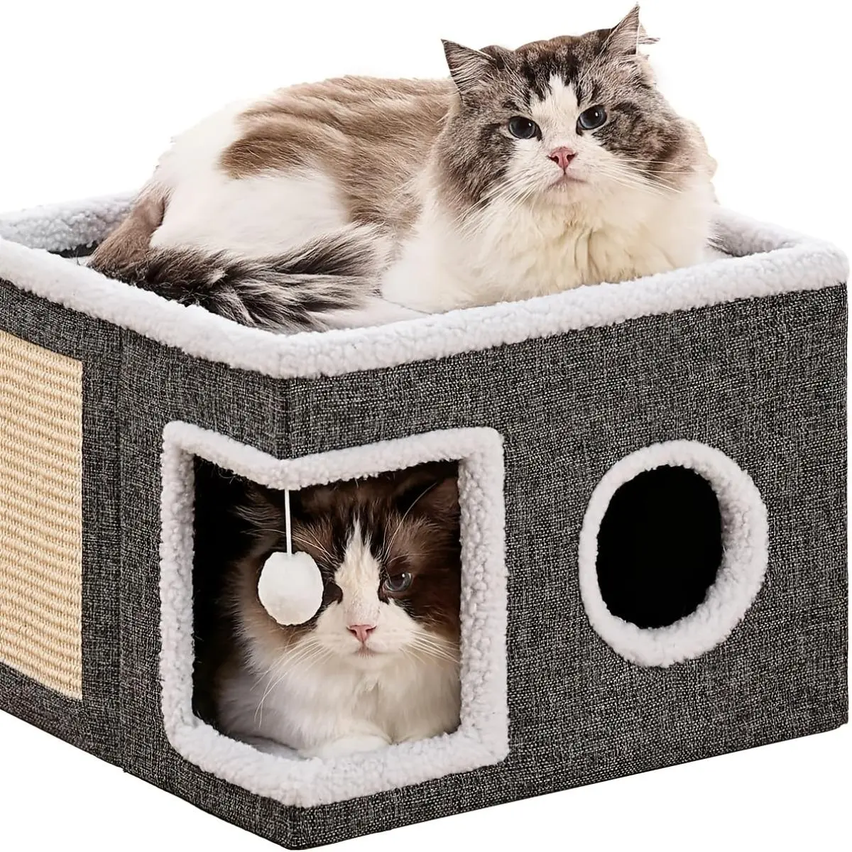 ‌Large Cat Cave Bed with Scratch Pad and Fluffy Ball Foldable Cat Hideaway Reversible Cushion Indoor Cats Comfortable Warm Cozy House‌