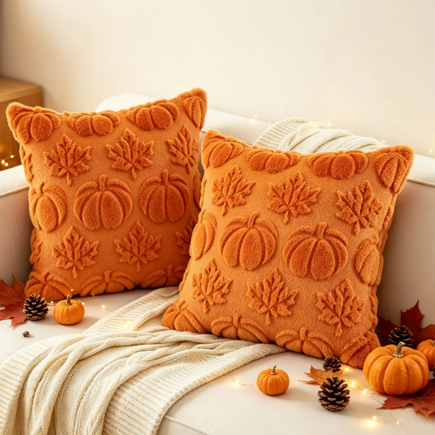 Autumn Decorative Pillow Covers Pumpkin Maple Leaf Plush Throw Pillow Covers 18x18 Inch 2 Pack Decor for Autumn Thanksgiving Halloween Home Decorations