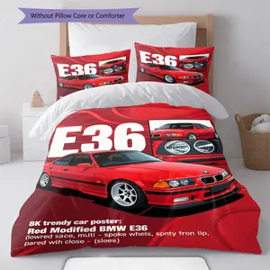 Red Modified Sports Car Bedding Set - Racing Cool Car Pattern Duvet Cover & 2 Pillowcases, Soft Breathable Bedspread for Boys/Adults Bedroom Decor, Travel & Home Friendly (No Comforter)