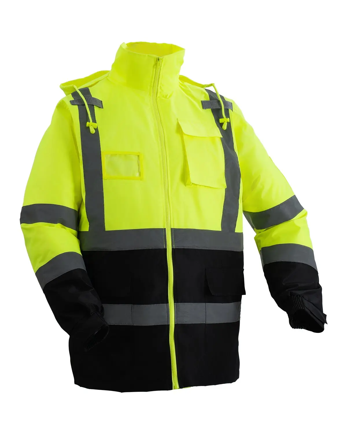 【summerfinds】VEVOR L Size Yellow-Black High Visibility Reflective Safety Jacket with Reflectors, Waterproof, Windproof Dry, Tear-Resistant, Dust-Resist Hem, Hidden Hood Snap, Type R Class 3 Hoodie Work Safety Outerwear for Rescue Teams