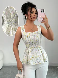 Women's Floral Print Peplum Top, Square Neck Sleeveless Corset Blouse with Lace-Up Back, Elegant Fitted Summer Tank Top, Womenswear