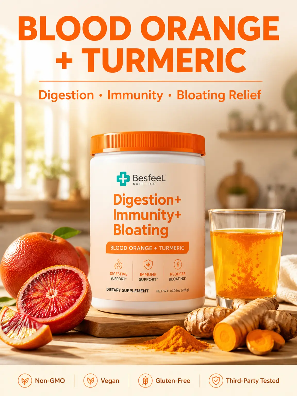 BesfeeL Blood Orange Turmeric Drink Mix with Vitamin C, Ginger & Black Pepper – Citrus Wellness Powder, 4.63 oz (132g)
