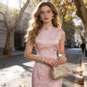 Misty Pink Jacquard Sleeveless Qipao, New Chinese Stand Collar Frog Button Dress