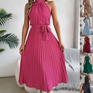 Elegant Women’s 2026 Spring/Summer Stand Collar Sleeveless Waist-Cinching Pleated Long Dress