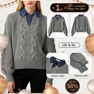Pwest Denim Panel Ribbed Lapel Sweater, Women's Soft Knit Long-Sleeve Pullover with Contrast Collar, Medium Stretch, Cozy Warmth, Effortless Layered Design