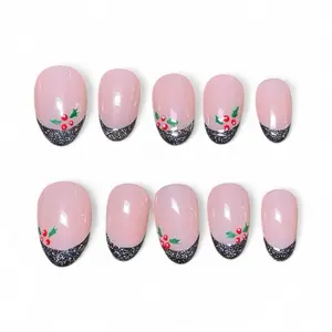 Midnight Mistletoe Short Almond Press Ons with Festive Berry Design and Glitter Accent for Holiday Nails