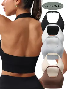 Women's Solid Backless Wireless Sports Bra, Adjustable Strap Removable Chest Pad Gym Short Tank Top, Ladies Sportswear for Indoor Outdoor Wear Workout Bra, Yoga Sports Bra, Hollow Back Activewear