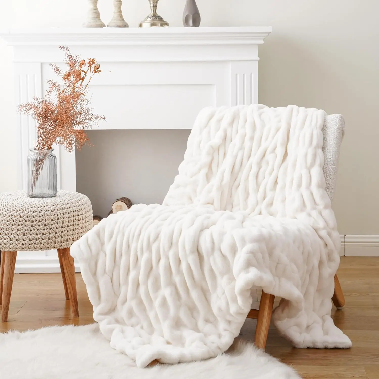 Battilo Cream Faux Fur Throw Blanket - Elastic Double-Side Ruched Design, 50"x60" Ivory, Ideal for Birthday, Mother's Day, Anniversary, Housewarming Gifts