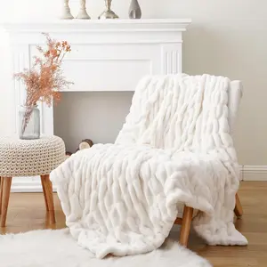 Battilo  Cream Faux Fur Throw Blanket, Double Side Ruched Blanket , 50"x60"(Ivory)