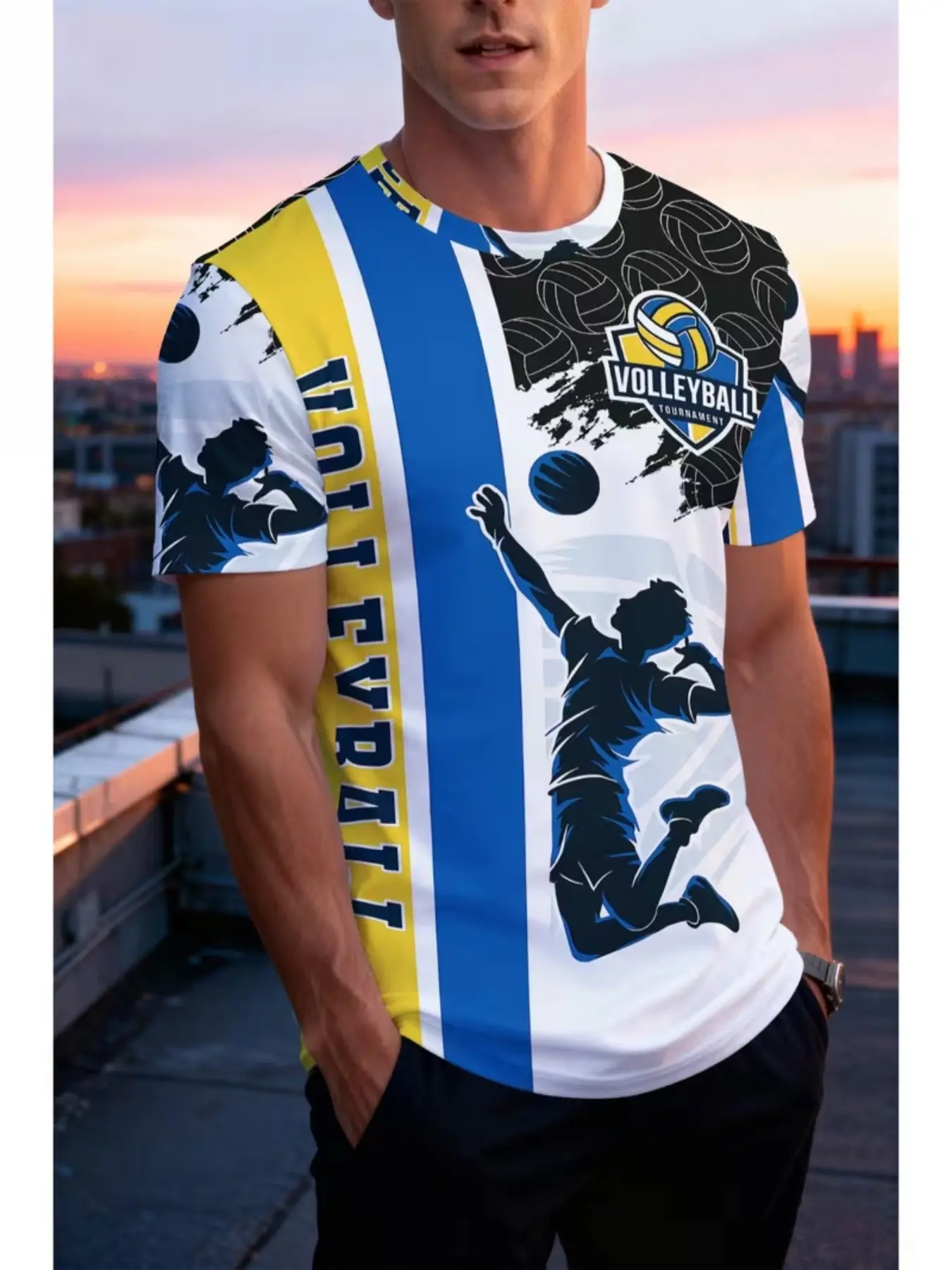 Men's Volleyball Pattern T-Shirt, Soft Knit Short Sleeve Crew Neck, Summer Casual Sport Top, Blue, Volleyball Clothing