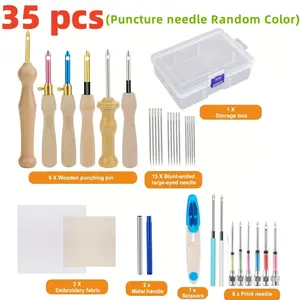 35 Piece Adjustable Punching Set, DIY Craft Sewing and Hand Sewn Embroidery Set, Including Large Eye Needles, Embroidery Pens, Punching Needles, Storage Boxes and Knitted Fabrics, Adult Gifts