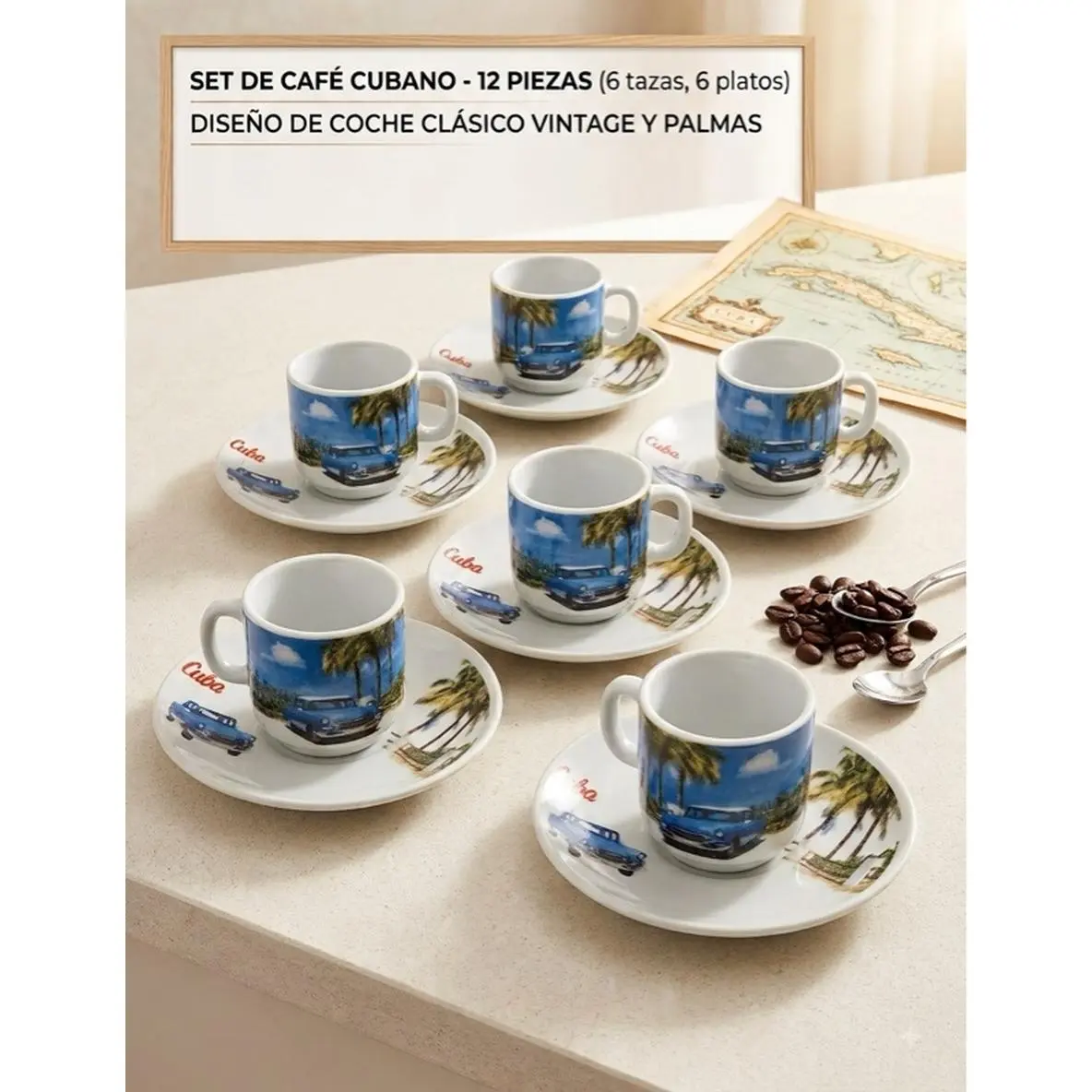 Cuban Coffee Set 12 Pieces - 6 Cups & 6 Plates with Classic Vintage Car Design and Palm Trees