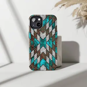 🤠 Aztec Western Phone Case  Turquoise, Tooled Leather & Glitter Print  Boho Cowgirl Aesthetic  For iP Phone 15, 14, 13, 12, 11, X Series (Pro, Max, Plus)