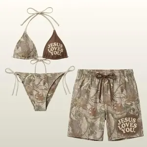 Jesus Loves You Camo Couple Swimwear, String Bikini Set with Men’s Camouflage Swim Shorts Faith Based Beach Outfit