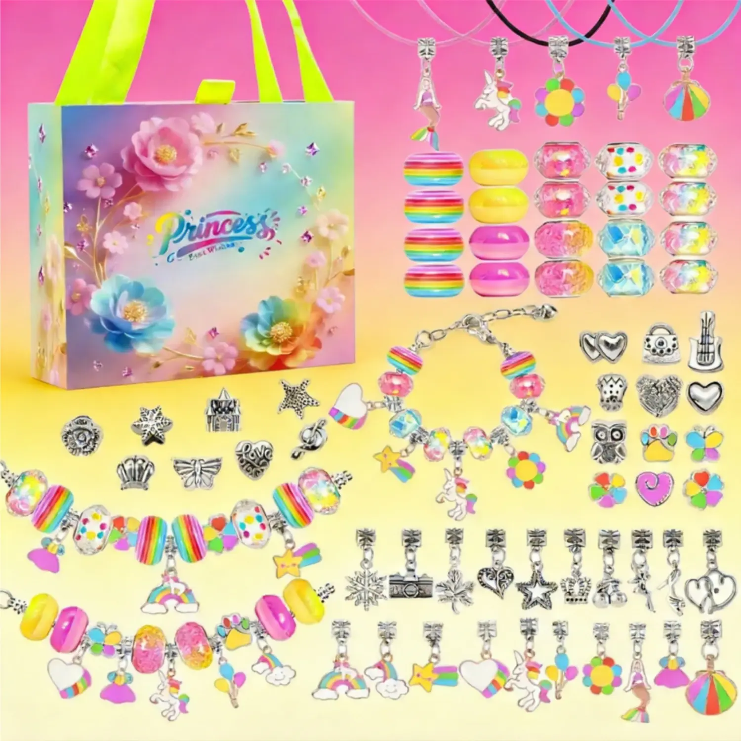 2026 New DIY Jewelry Making Kit - 67pcs Rainbow Beads Art Charms Unicorn Pendants Angel Accents Women's Bracelet & Necklace Supplies Set with Gift Box for Birthday & Special Holiday Gifts Adjustable Beaded Design Animals