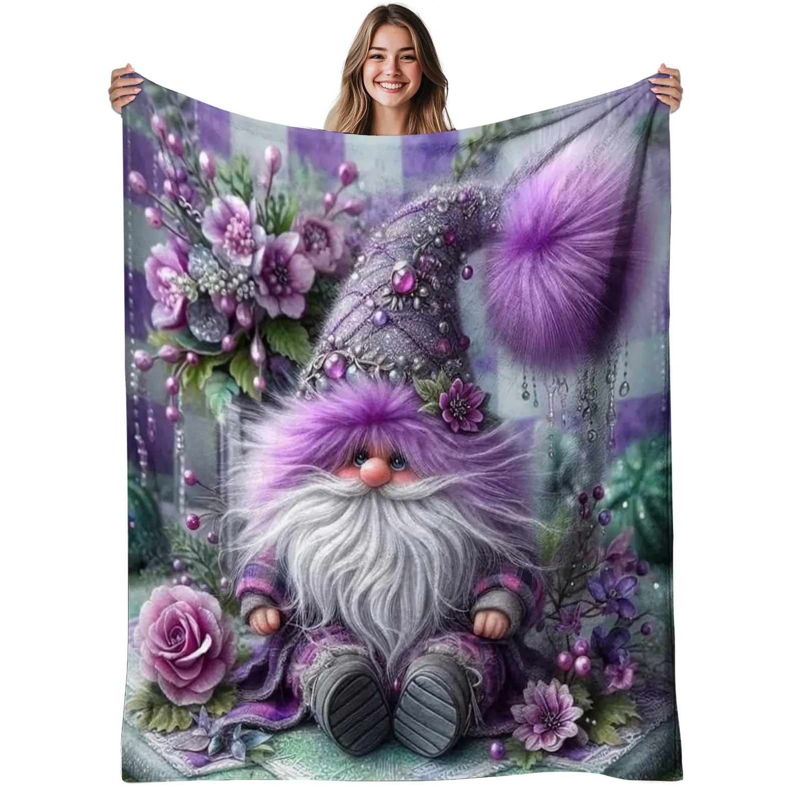 1pc, Gnome, Flannel Blanket, Soft, Warm, Purple Floral Design Print, Suitable for Sofa, Bed, Living Room, AllSeason Use, Halloween | christmas | room decor | fall decorations for home, sohochic