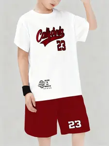 Boys' Fashionable 3D Print Casual Athletic Hoodie Set, Short Sleeve Shorts, Geometric Pattern, Outdoor Sports Wear, All Seasons