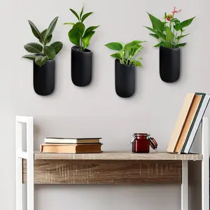 Wall Mounted Black Ceramic Plant Containers, Vertical Hanging Flower Vases, Set of 4