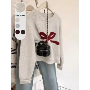 Women's bow round neck long sleeved sweater, autumn and winter casual knitwear, soft fabric, very suitable for layered insulationRAIMENTRY