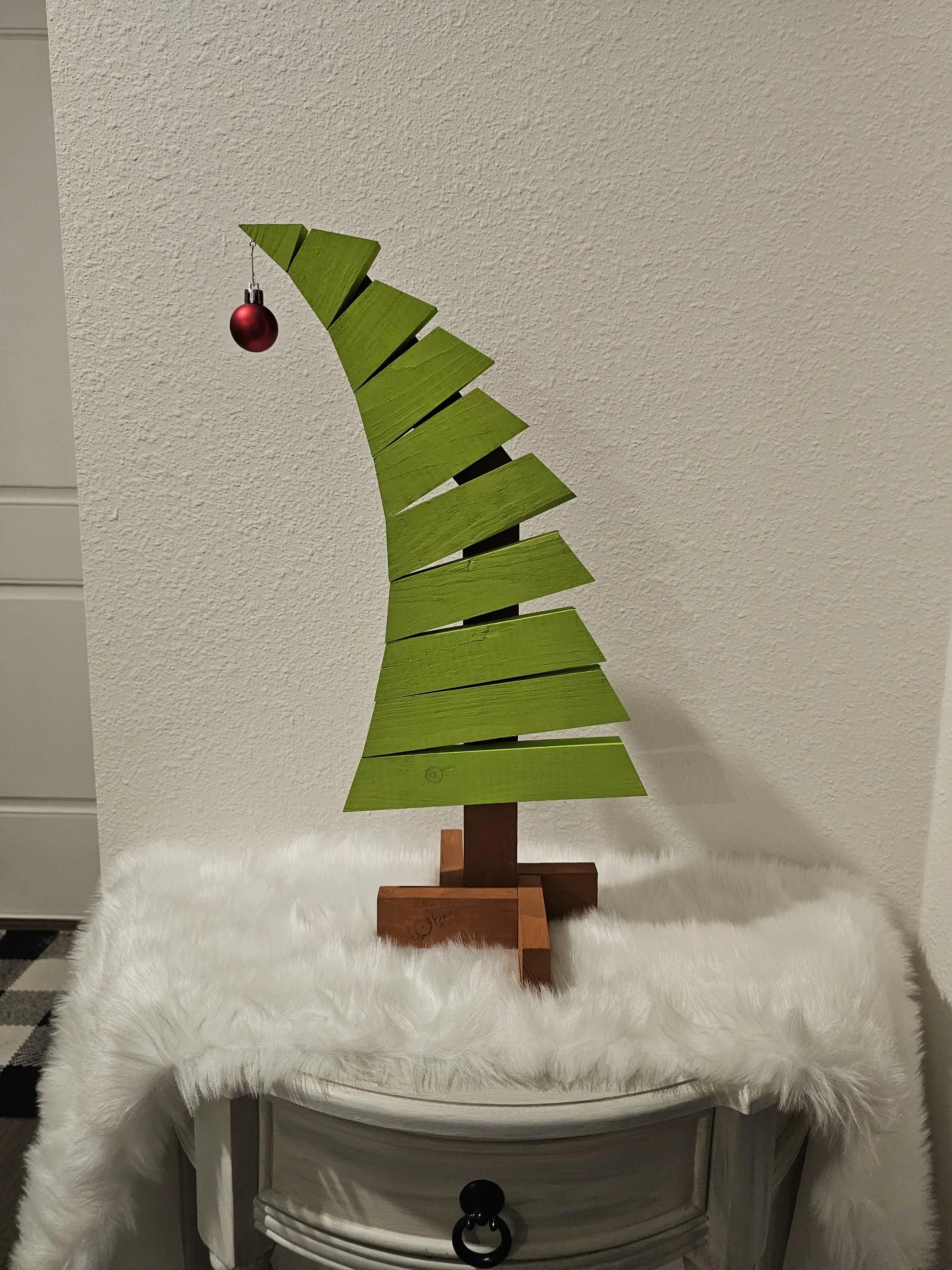 Handcrafted Wooden Grinch Tree Ornament, Whimsical Curved Droop Top Festive Home Decor