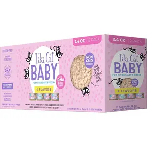 Tiki Cat Baby Wet Cat Food for Kittens, Shreds Variety Pack 2.4 oz. Cans (12 Count)