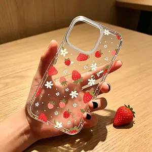 Phone Case: 1pc Strawberry Flower Aesthetic Transparent Full-Coverage Drop-Proof Phone Case, Suitable for Multiple iPhone Models Including 17/16/15/14/13/12/11 Pro Max/Plus/X/XS, a Popular Birthday Gift, Business Gift, Durable, Anti-Stain