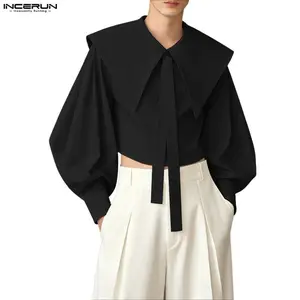 INCERUN Men's Big Bow Tie Sailor Collar Cropped Shirt Lantern Sleeve Blouse for Cosplay Party