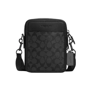 COACH Sullivan 17 Classic Monogram Print Zipper Closure Multifunctional Pocket Pebbled Leather and Coated Canvas Crossbody Bag Small Men's Black
