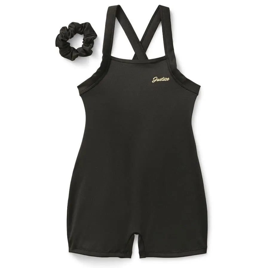Girls' Stretchable Polyester Blend Sleeveless Sporty Chic Dance & Gymnastics Biketard with Keyhole, Justice Scrunchie, Snug-Fit Dancewear, Sizes XS-XL