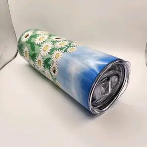 Daisies and Ladybugs on a Blue Cloudy Sky Stainless Steel Skinny Tumbler with Lid, Plastic Straw and Gift Box