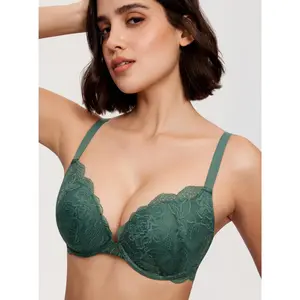 DOBREVA Women's Push Up Lace Bra Underwire Plunge Full Coverage Bras Sexy Plus Size Support